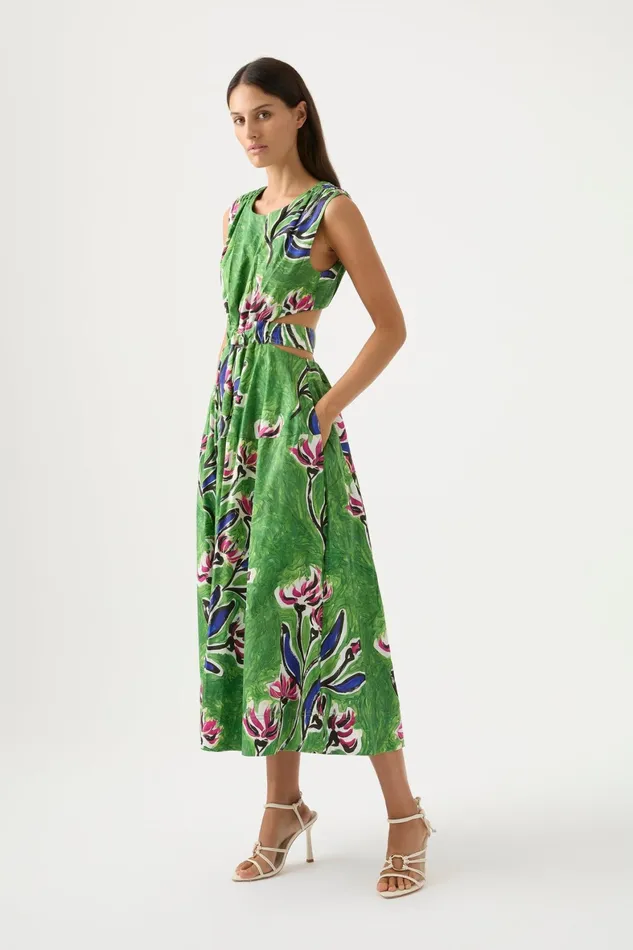 Aje Zorina Tie Midi Dress Native Gumnut Floral Women Dresses