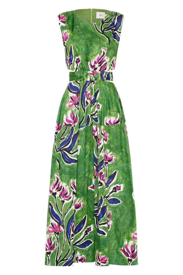 Aje Zorina Tie Midi Dress Native Gumnut Floral Women Dresses