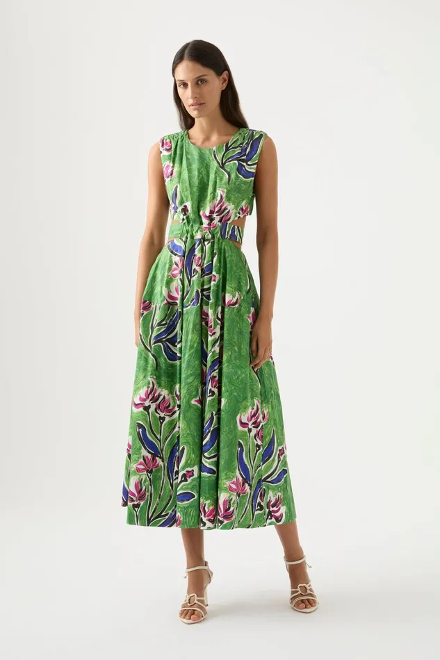 Aje Zorina Tie Midi Dress Native Gumnut Floral Women Dresses