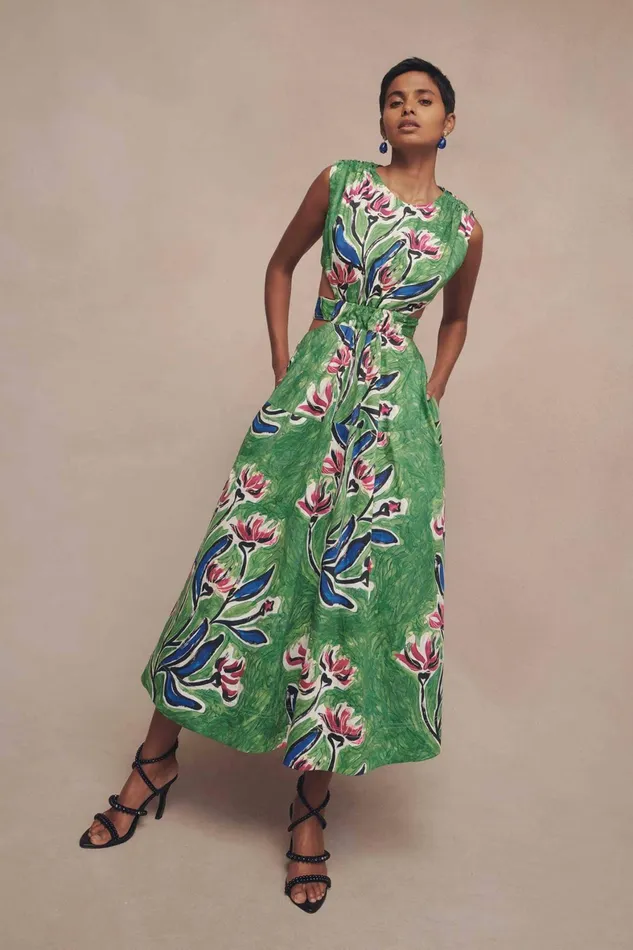 Aje Zorina Tie Midi Dress Native Gumnut Floral Women Dresses