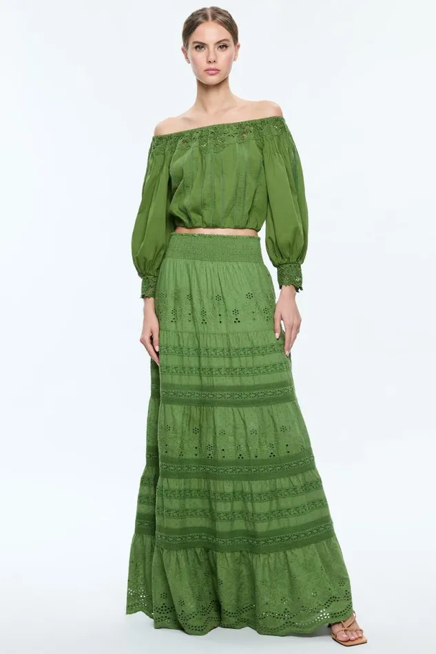 Alice Olivia Aisha Tiered Maxi Skirt Avocado Women Skirts