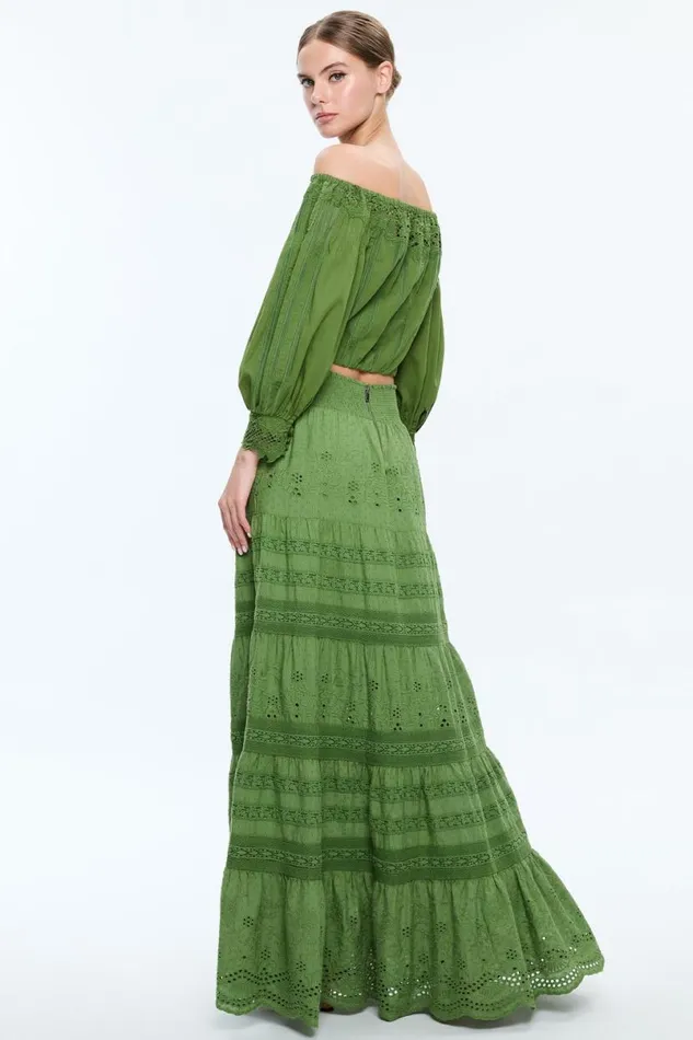 Alice Olivia Aisha Tiered Maxi Skirt Avocado Women Skirts
