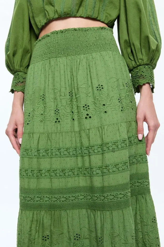 Alice Olivia Aisha Tiered Maxi Skirt Avocado Women Skirts