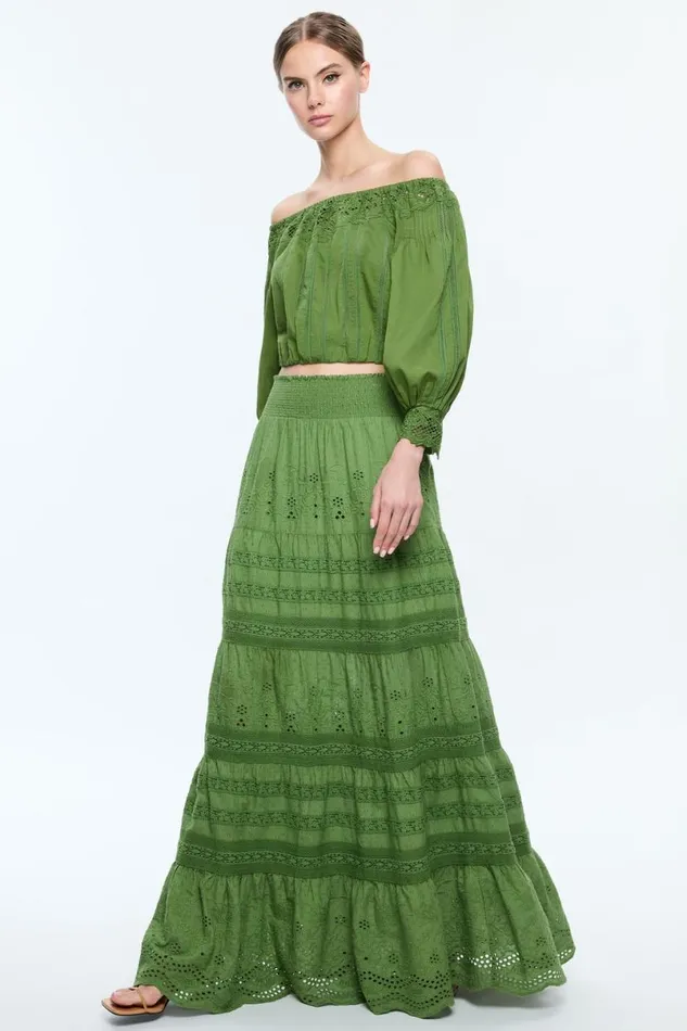 Alice Olivia Aisha Tiered Maxi Skirt Avocado Women Skirts
