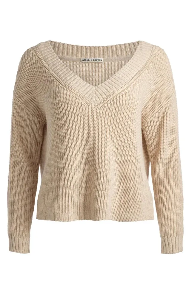 Alice Olivia Alita Relaxed V Neck Pullover Oatmeal Heather Women Sweaters