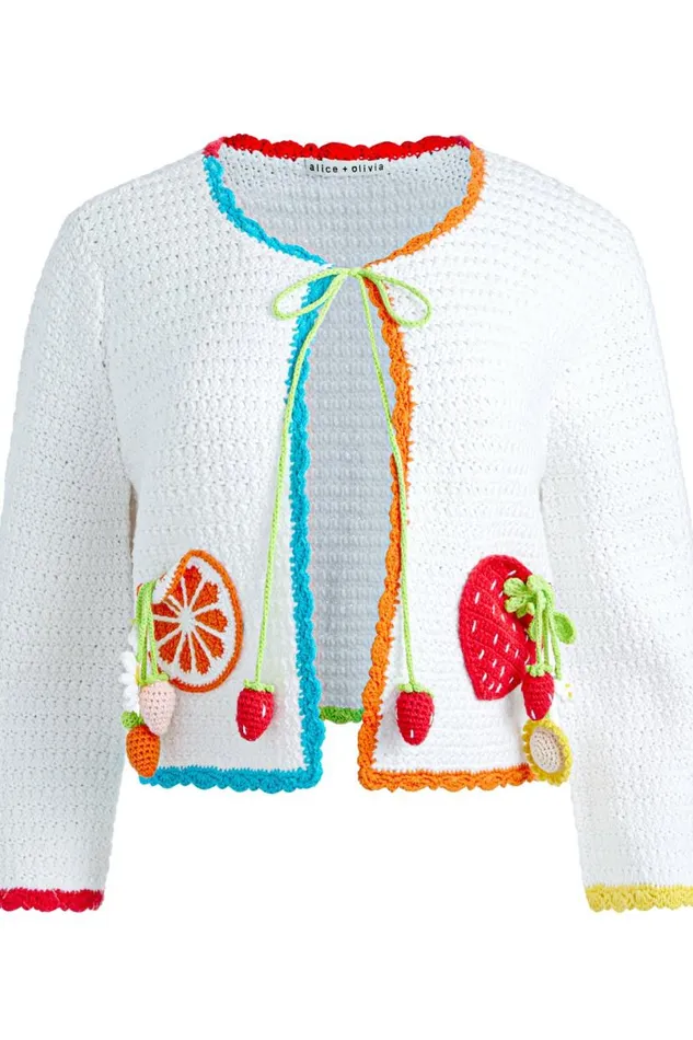 Alice Olivia Anderson Tie Front Cardigan Soft White Multi Women Sweaters