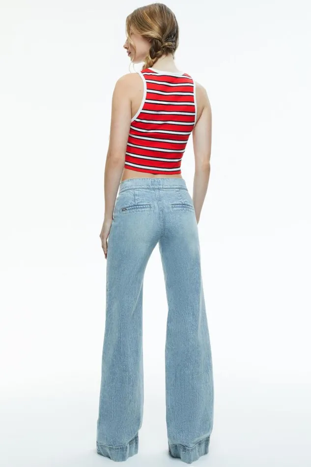 Alice Olivia Andre Fitted Cropped Tank Teakwood Stripe Bright Ruby Women Tops