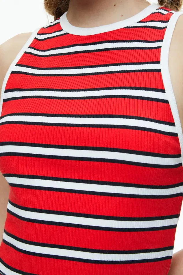 Alice Olivia Andre Fitted Cropped Tank Teakwood Stripe Bright Ruby Women Tops
