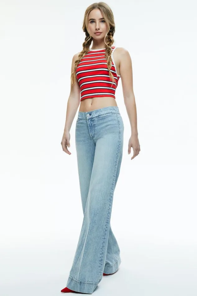 Alice Olivia Andre Fitted Cropped Tank Teakwood Stripe Bright Ruby Women Tops