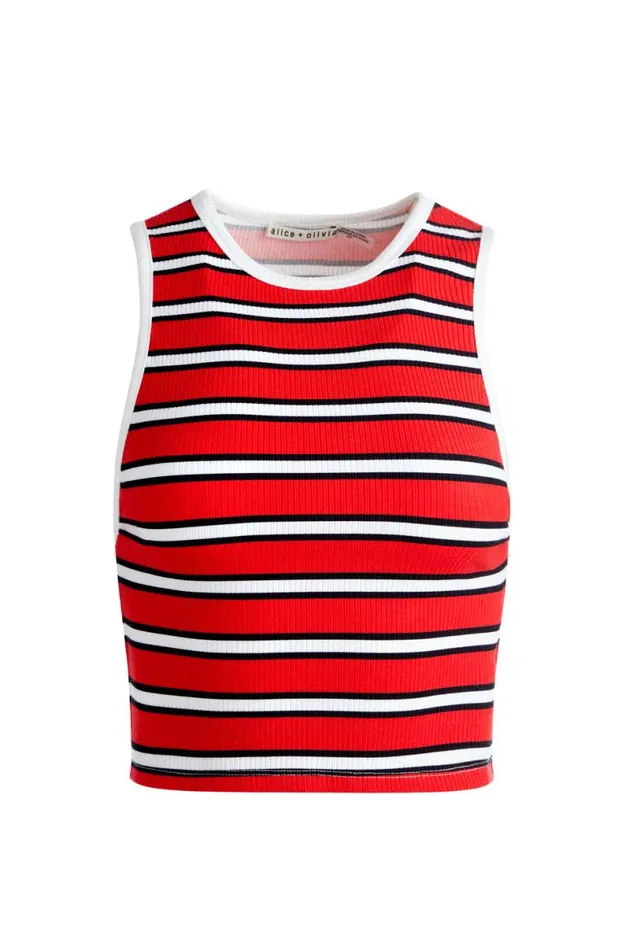 Alice Olivia Andre Fitted Cropped Tank Teakwood Stripe Bright Ruby Women Tops