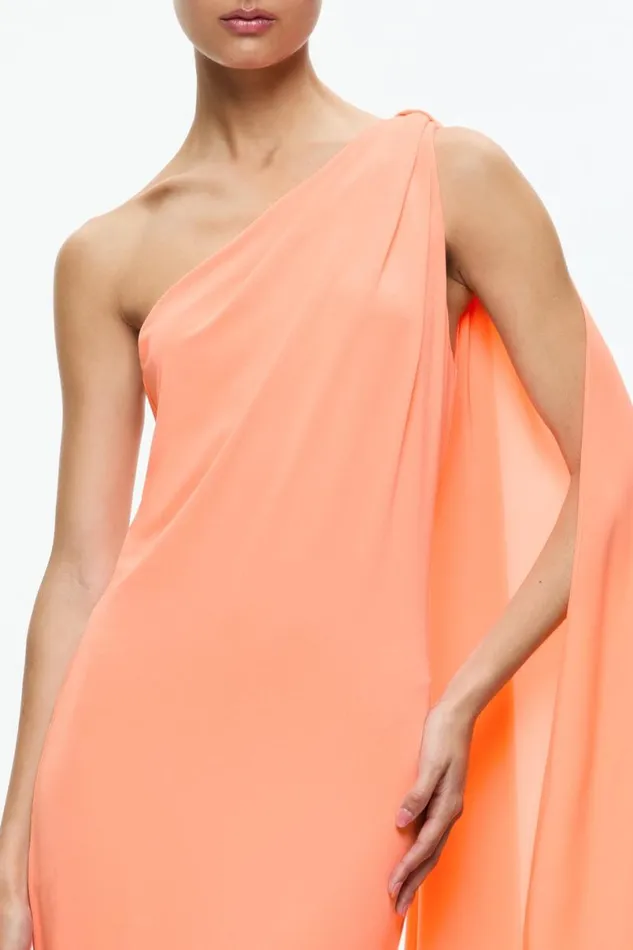 Alice Olivia Anja One Shoulder Draped Maxi Dress Coral Women Dresses
