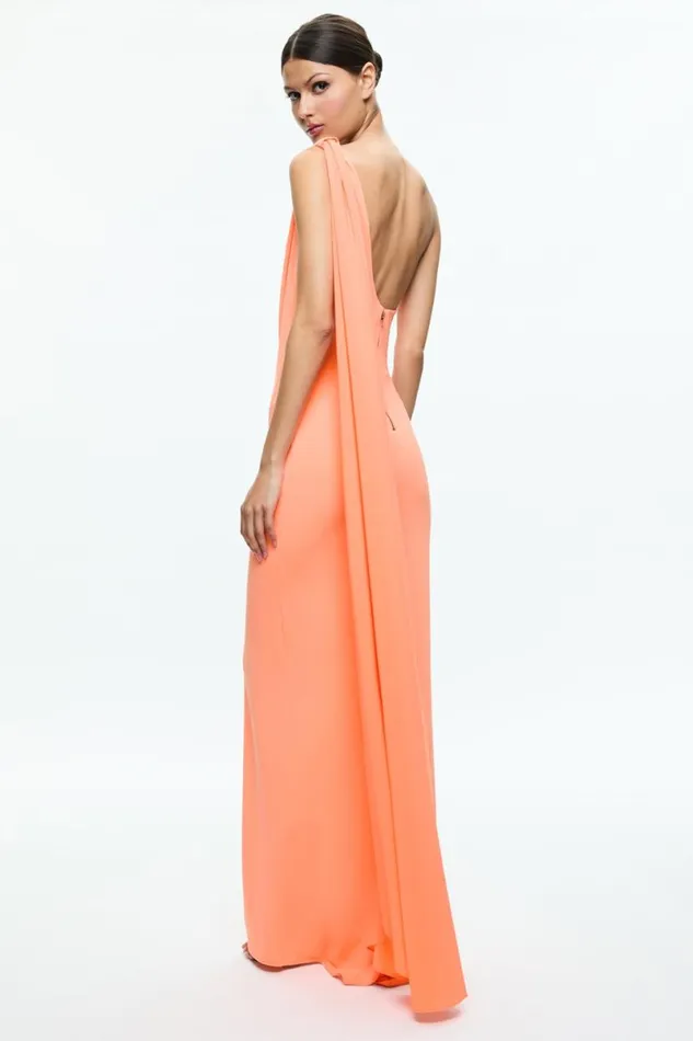 Alice Olivia Anja One Shoulder Draped Maxi Dress Coral Women Dresses