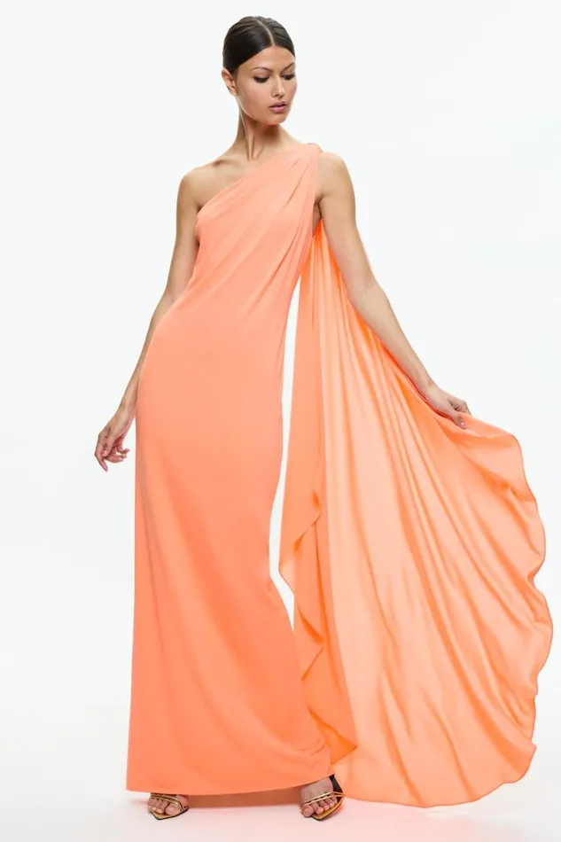 Alice Olivia Anja One Shoulder Draped Maxi Dress Coral Women Dresses