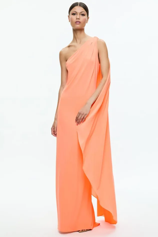 Alice Olivia Anja One Shoulder Draped Maxi Dress Coral Women Dresses