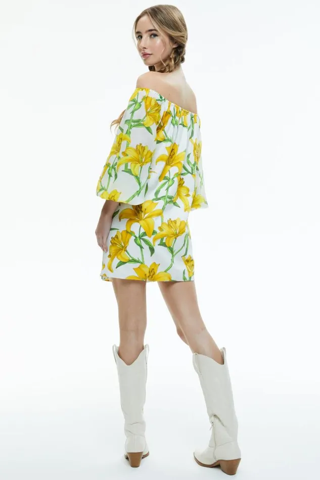 Alice Olivia Artemis Off The Shoulder Blouson Tie Sleeve Mini Dress Stargazer Multi Lg Women Dresses