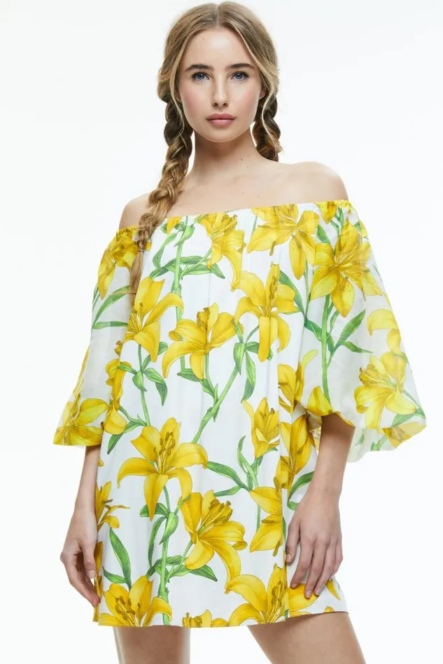Alice Olivia Artemis Off The Shoulder Blouson Tie Sleeve Mini Dress Stargazer Multi Lg Women Dresses