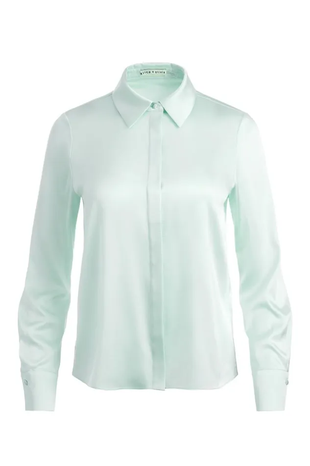 Alice Olivia Brady Slim Button Down Sea Spray Women Tops