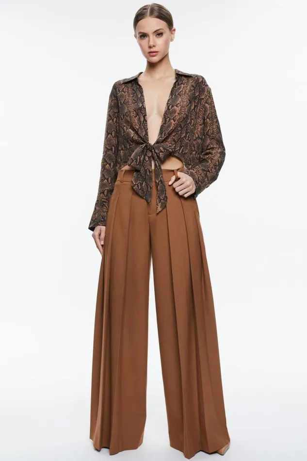 Alice Olivia Hannon Tie Front Blouse Camelblack Snake Women Tops