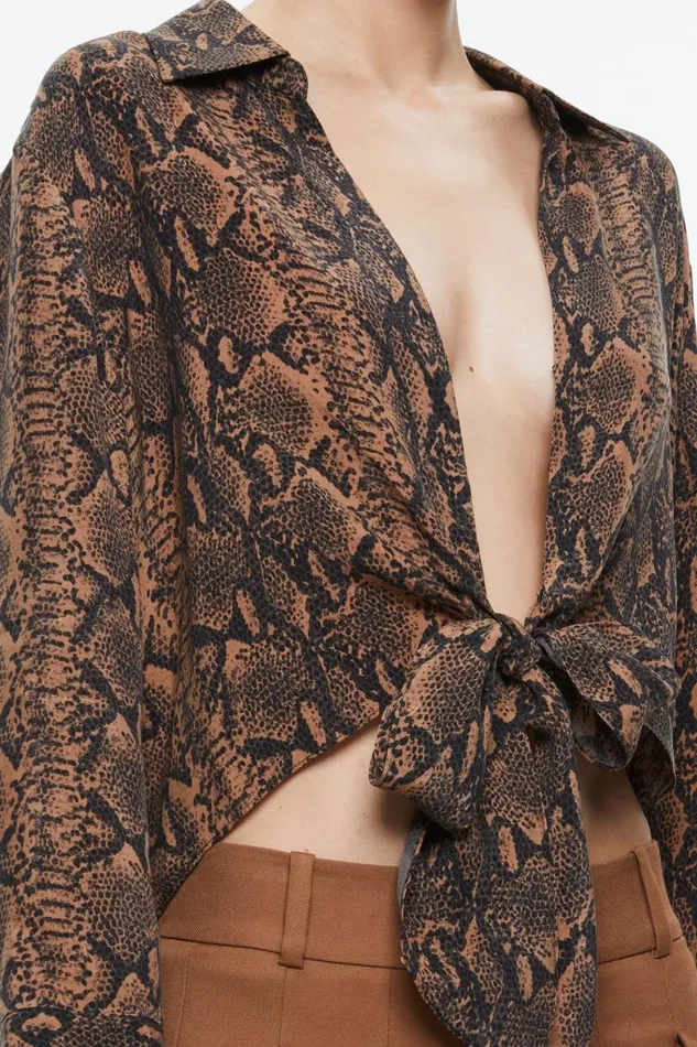 Alice Olivia Hannon Tie Front Blouse Camelblack Snake Women Tops