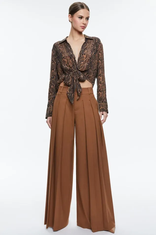 Alice Olivia Hannon Tie Front Blouse Camelblack Snake Women Tops