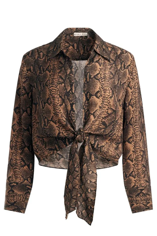 Alice Olivia Hannon Tie Front Blouse Camelblack Snake Women Tops