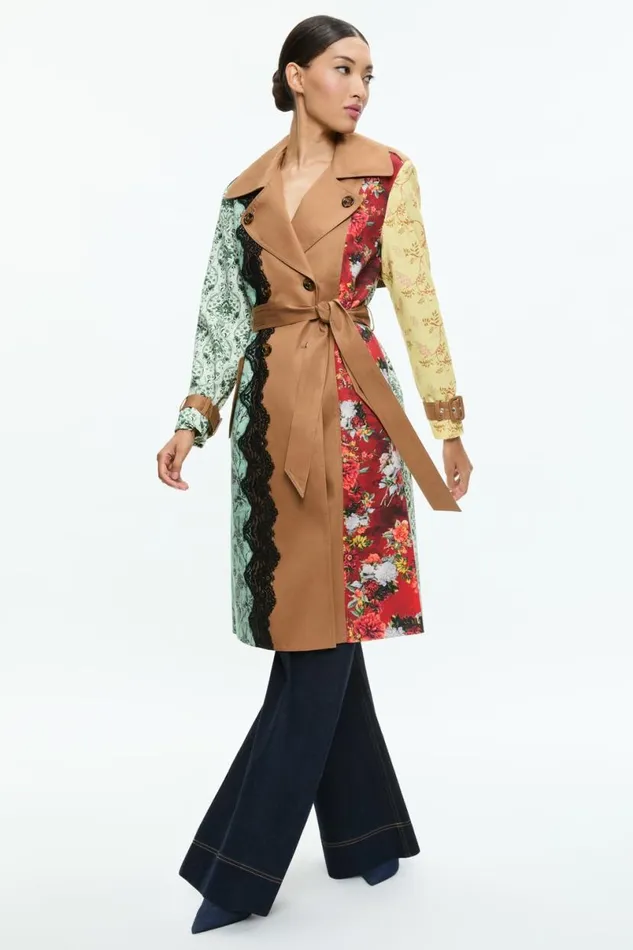 Alice Olivia Keith Midi Trench With Lace Detail Tanmulti Women Outerwear
