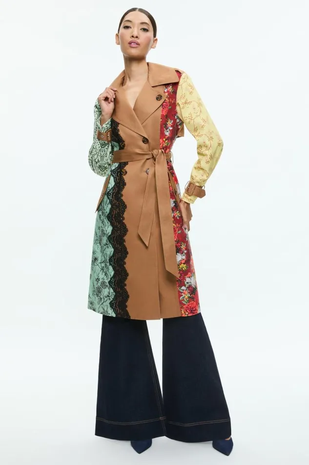 Alice Olivia Keith Midi Trench With Lace Detail Tanmulti Women Outerwear
