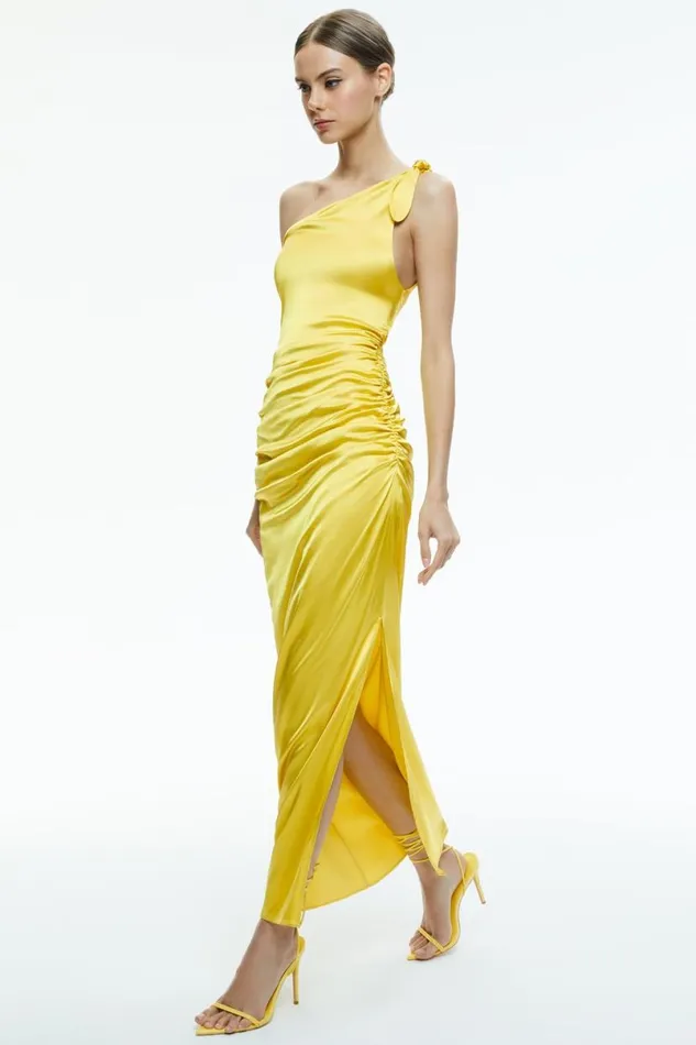 Alice Olivia Marilla Off The Shoulder Ruched Maxi Dress Happy Yellow Women Dresses