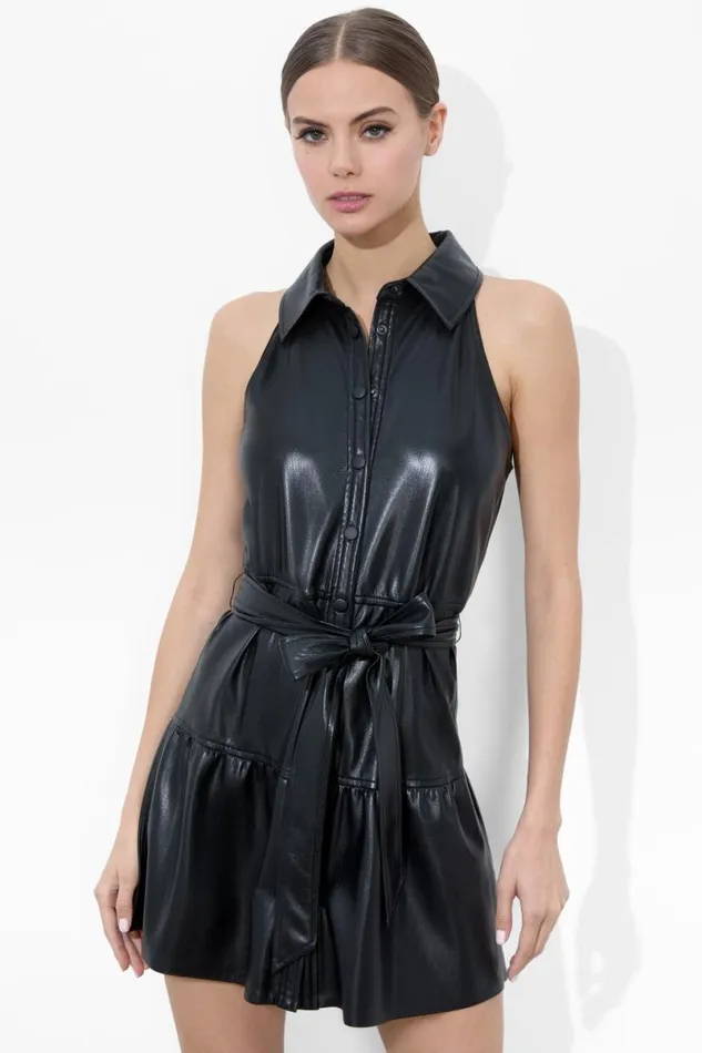 Alice Olivia Miranda Vegan Tiered Mini Dress Black Women Dresses