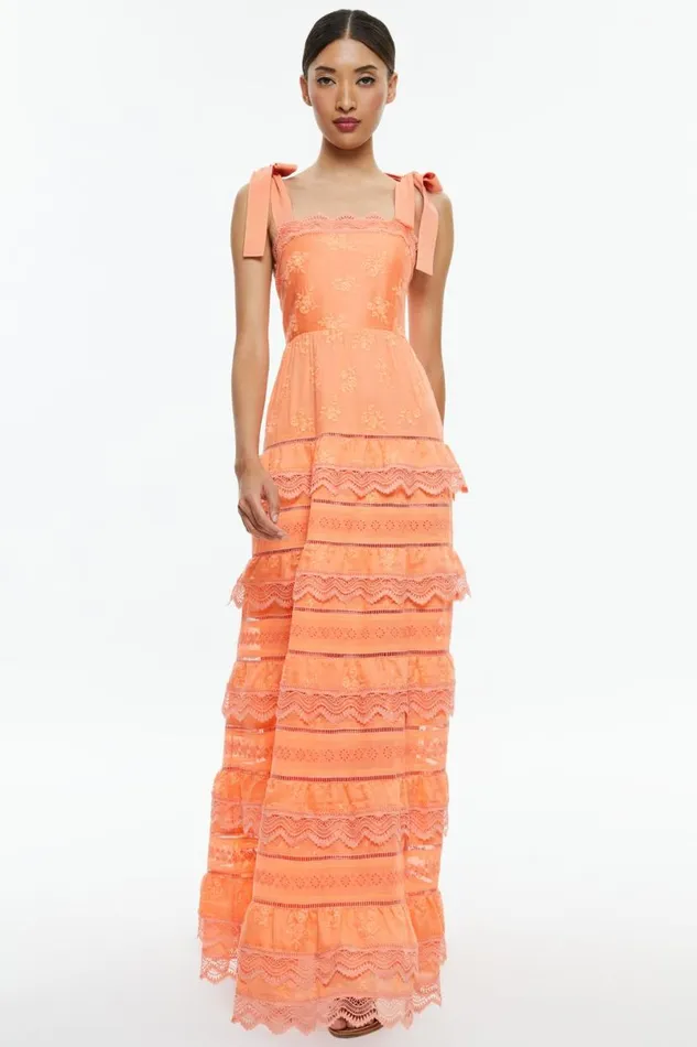 Alice Olivia Vega Sleeveless Tiered Maxi Dress Coral Women Dresses