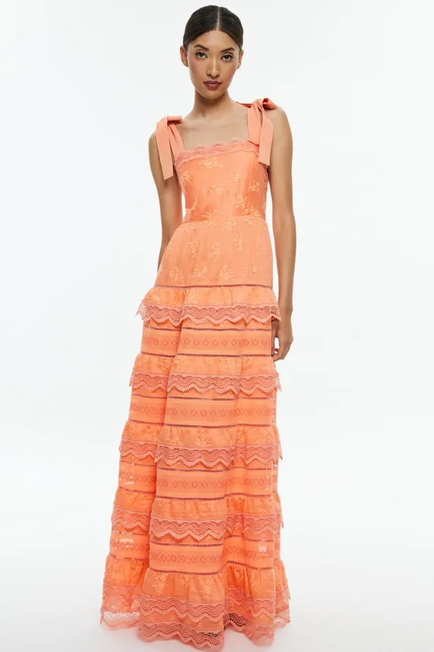 Alice Olivia Vega Sleeveless Tiered Maxi Dress Coral Women Dresses