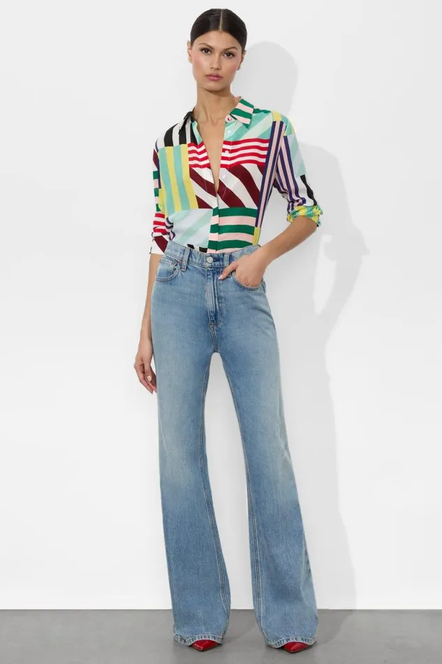 Alice Olivia Willa Placket Top Sorbet Stripe Women Tops