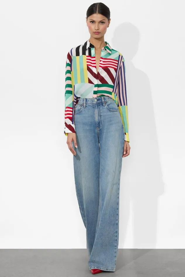 Alice Olivia Willa Placket Top Sorbet Stripe Women Tops