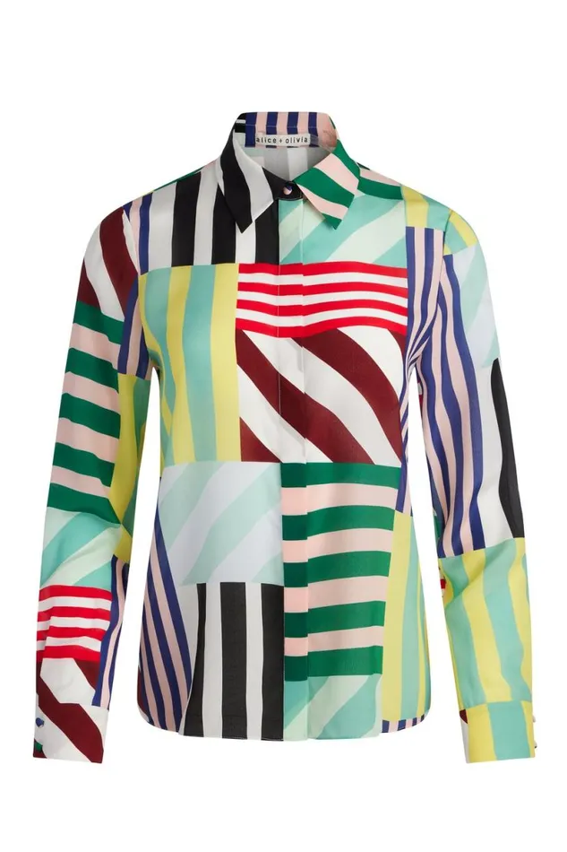 Alice Olivia Willa Placket Top Sorbet Stripe Women Tops