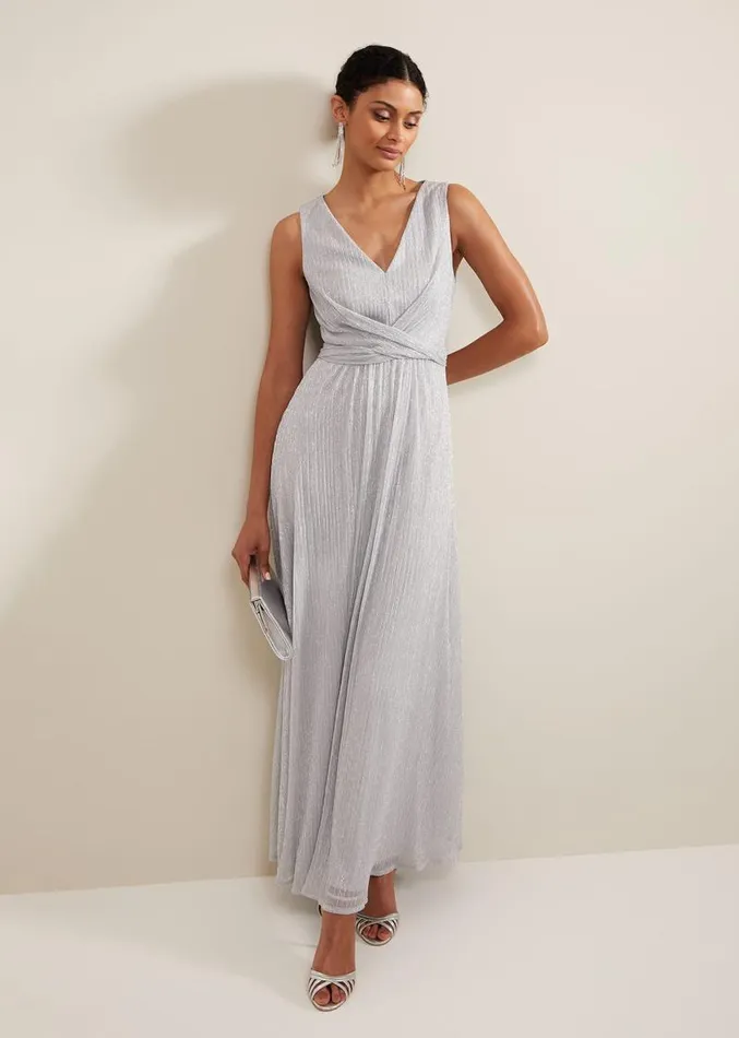 Artemis Plisse Shimmer Maxi Dress Silver Women Phase Eight Dresses