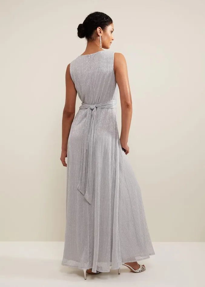 Artemis Plisse Shimmer Maxi Dress Silver Women Phase Eight Dresses