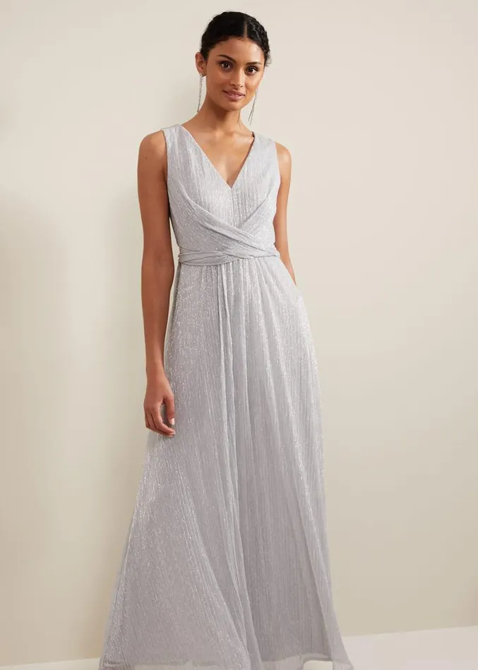 Artemis Plisse Shimmer Maxi Dress Silver Women Phase Eight Dresses