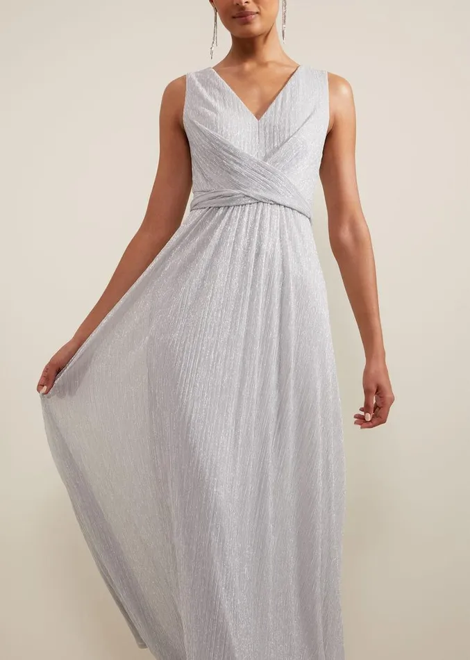 Artemis Plisse Shimmer Maxi Dress Silver Women Phase Eight Dresses