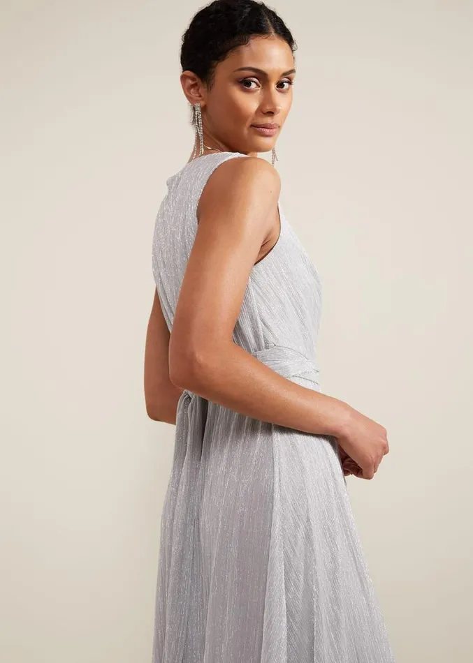 Artemis Plisse Shimmer Maxi Dress Silver Women Phase Eight Dresses