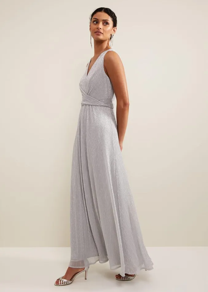 Artemis Plisse Shimmer Maxi Dress Silver Women Phase Eight Dresses