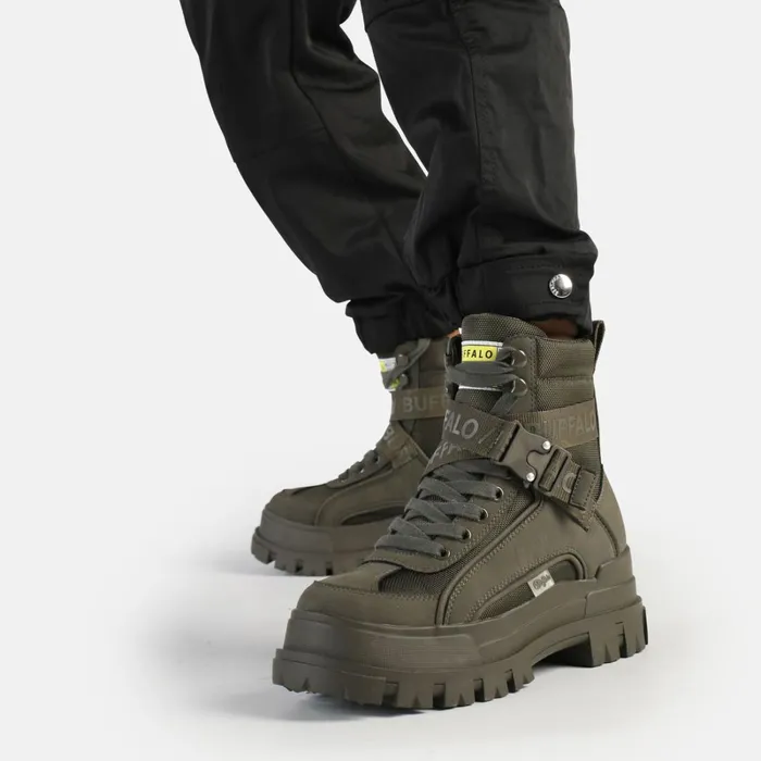 Aspha Com1 Laceup Mid Khaki Buffalo Boots and AnkleBoots