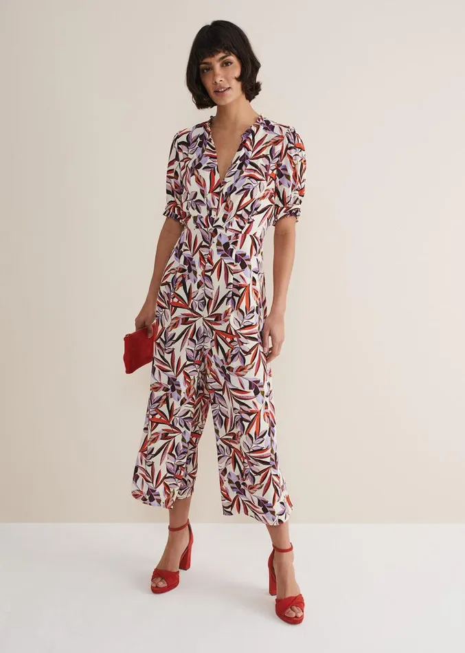 Astrid Leaf Print Cropped Wide Leg Jumpsuit Ivorymulti Women Phase Eight Dresses