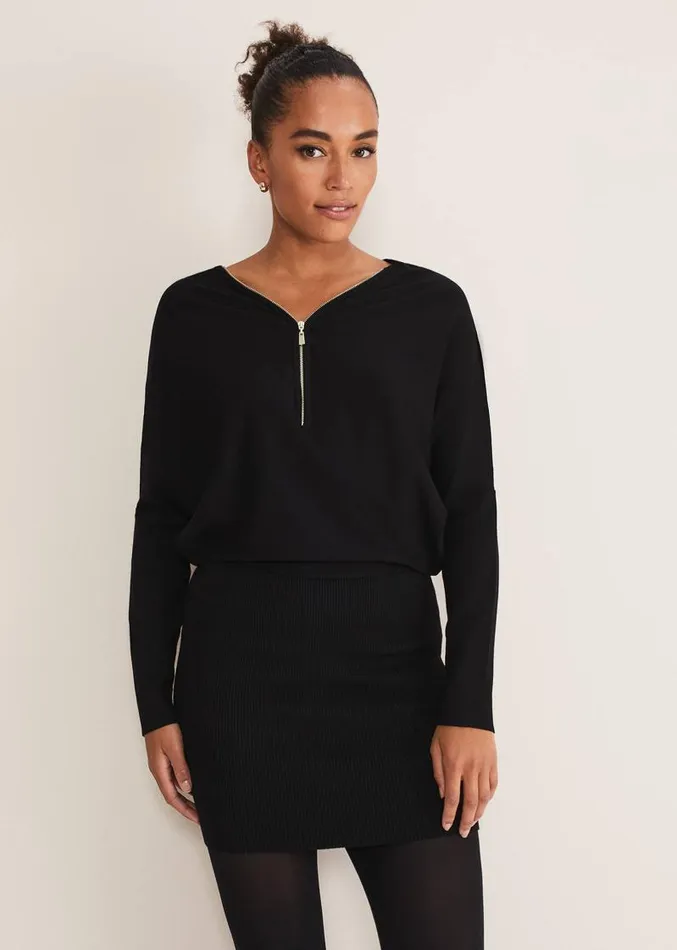 Becca Zip Neck Detail Dress Black Women Phase Eight Dresses