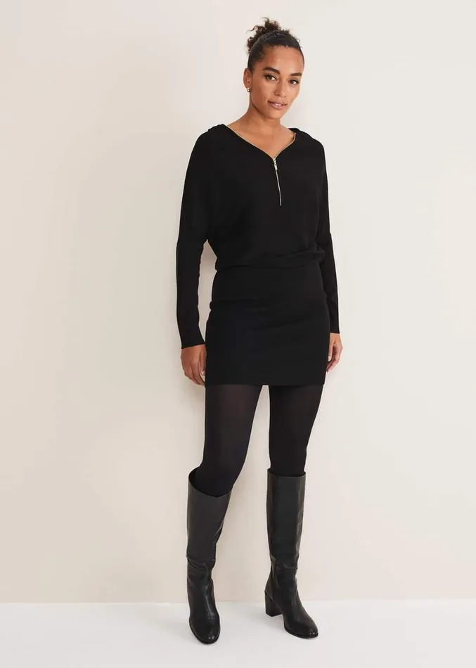 Becca Zip Neck Detail Dress Black Women Phase Eight Dresses