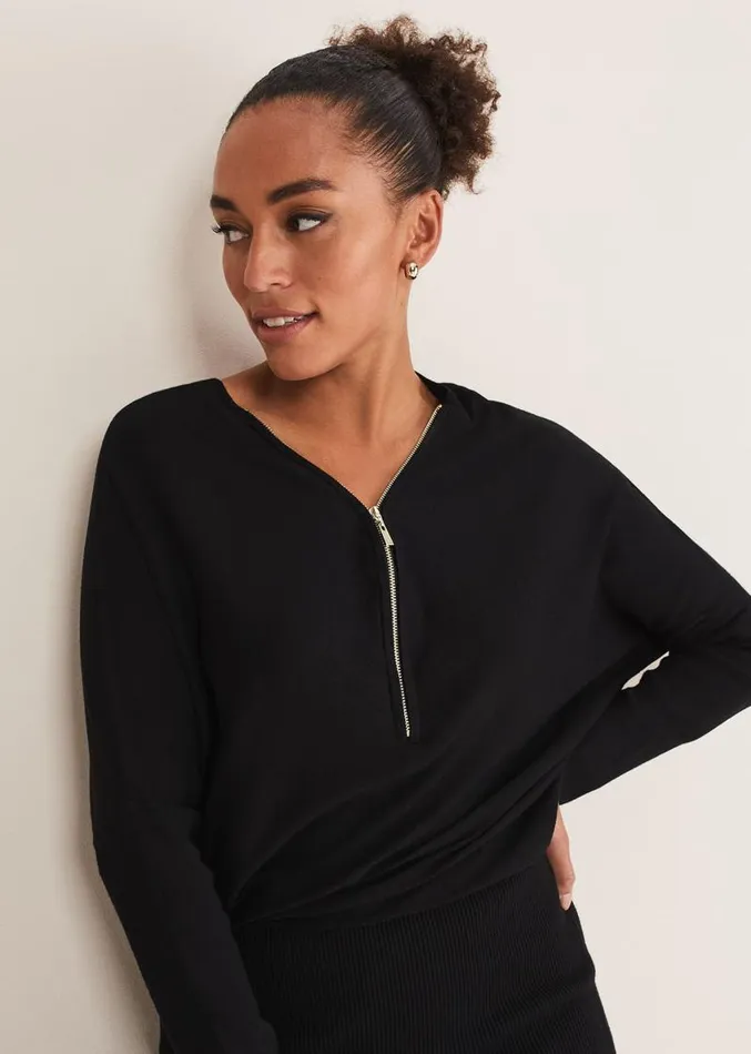 Becca Zip Neck Detail Dress Black Women Phase Eight Dresses