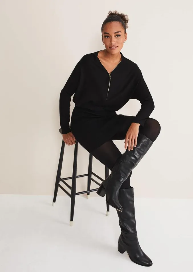 Becca Zip Neck Detail Dress Black Women Phase Eight Dresses