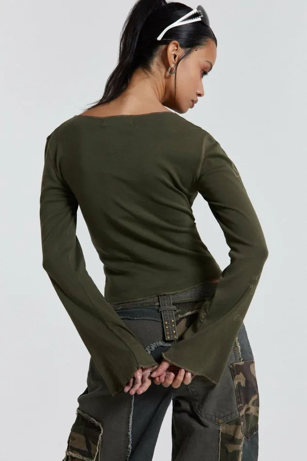 Celeste Notch Neck Long Sleeve Top Khaki Women Jaded London Long Sleeve Tops
