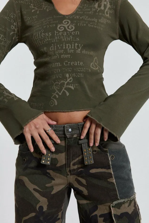 Celeste Notch Neck Long Sleeve Top Khaki Women Jaded London Long Sleeve Tops