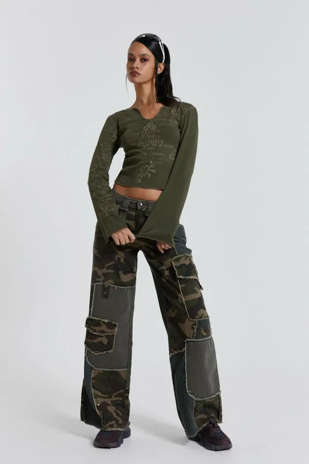 Celeste Notch Neck Long Sleeve Top Khaki Women Jaded London Long Sleeve Tops