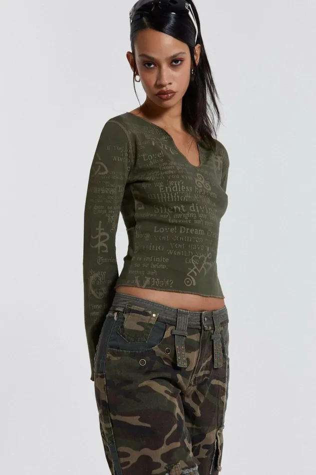 Celeste Notch Neck Long Sleeve Top Khaki Women Jaded London Long Sleeve Tops